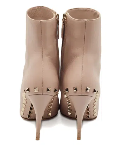 Pre-owned Valentino Garavani 100mm Studded Point-toe Leather Boots In Neutral