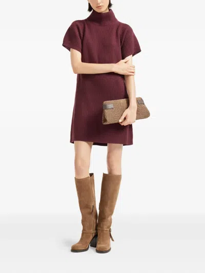 Brunello Cucinelli Ribbed Turtleneck Mini Dress In Burgundy