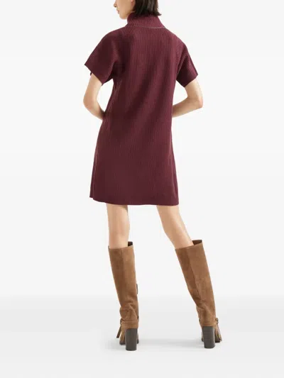 Brunello Cucinelli Ribbed Turtleneck Mini Dress In Burgundy