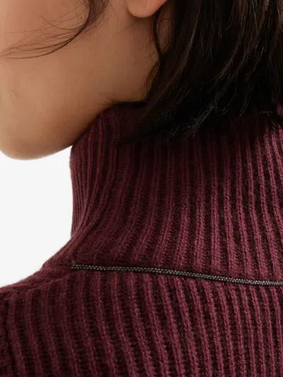 Brunello Cucinelli Ribbed Turtleneck Mini Dress In Burgundy