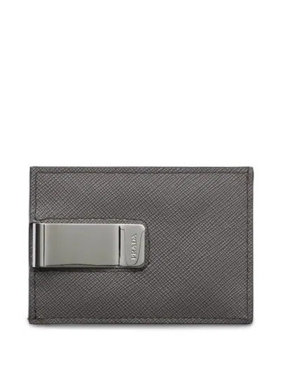 Prada Saffiano Leather Card Holder In Gray