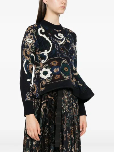 Sacai Floral Jacquard Asymmetric Wool Sweater In Black