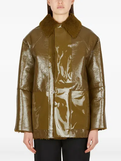 Kassl Editions Patent-leather Shearling-collar Jacket In Brown
