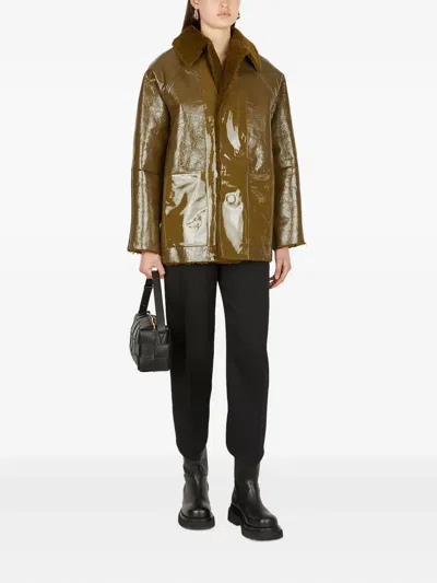 Kassl Editions Patent-leather Shearling-collar Jacket In Brown