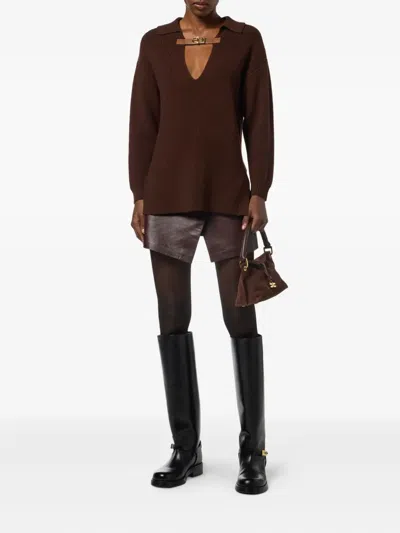 Elisabetta Franchi Knitwear Collared Design Long Sleeves Ribbed Texture V-neckline In Brown