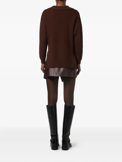 Elisabetta Franchi Knitwear Collared Design Long Sleeves Ribbed Texture V-neckline In Brown