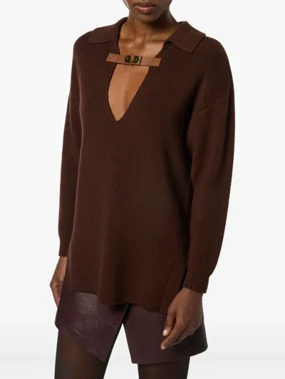 Elisabetta Franchi Knitwear Collared Design Long Sleeves Ribbed Texture V-neckline In Brown