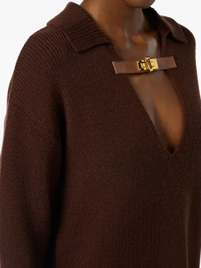 Elisabetta Franchi Knitwear Collared Design Long Sleeves Ribbed Texture V-neckline In Brown