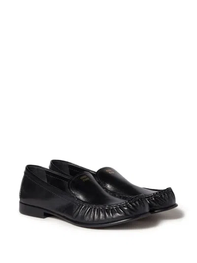 Miu Miu Gathered Detail Black Buffalo Leather Loafers In Black