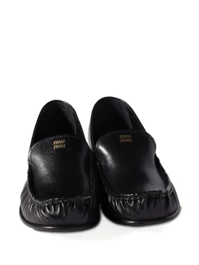 Miu Miu Gathered Detail Black Buffalo Leather Loafers In Black