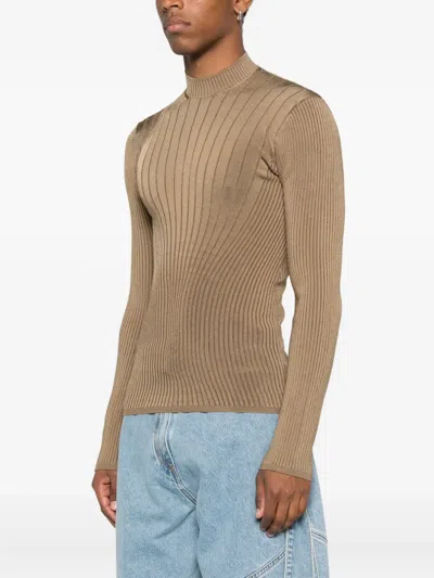 Mugler Ribbed High-neck Jumper In Brown
