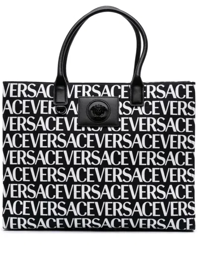 Pre-owned Versace 2021-2025 Canvas Logo Print Tote Bag In Black