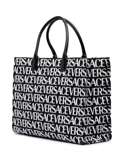 Pre-owned Versace 2021-2025 Canvas Logo Print Tote Bag In Black