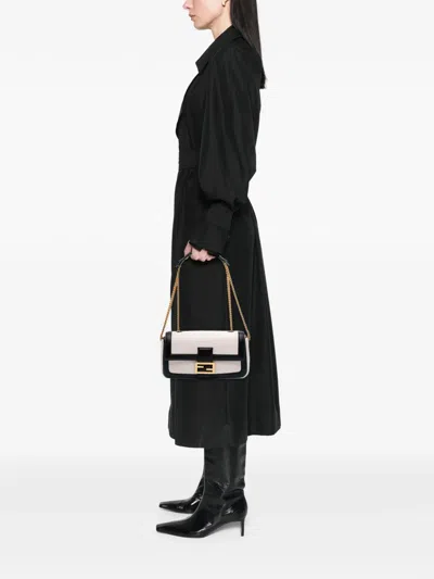 Pre-owned Fendi 2010-2025 Bicolor Leather Chain Midi Baguette Shoulder Bag In Black