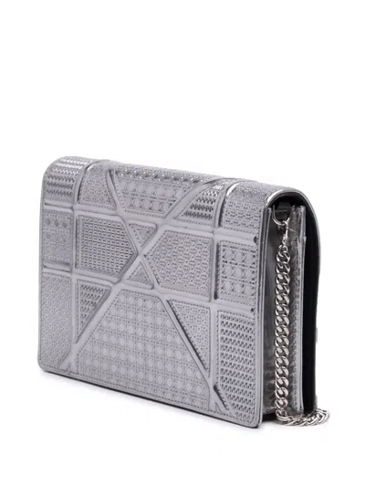 Pre-owned Dior 2019 Metallic Patent Microcannage Ama Wallet On Chain Crossbody Bag In Silver