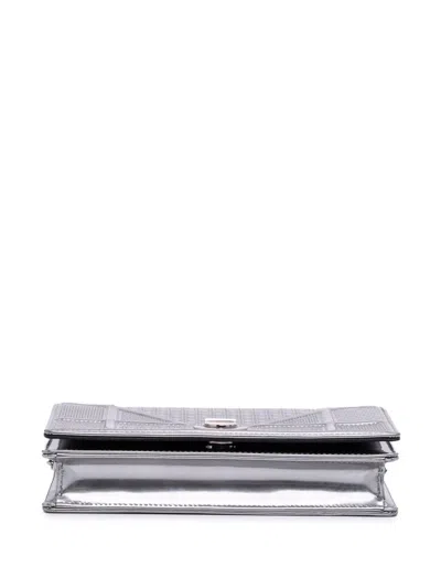 Pre-owned Dior 2019 Metallic Patent Microcannage Ama Wallet On Chain Crossbody Bag In Silver