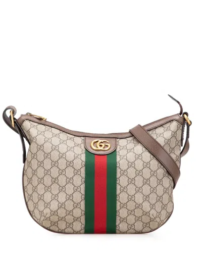 Pre-owned Gucci 2016-2025 Small Gg Supreme Web Ophidia Half Moon Crossbody Bag In Brown