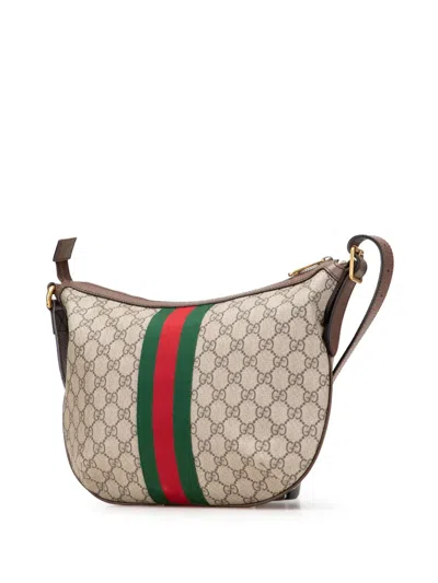 Pre-owned Gucci 2016-2025 Small Gg Supreme Web Ophidia Half Moon Crossbody Bag In Brown
