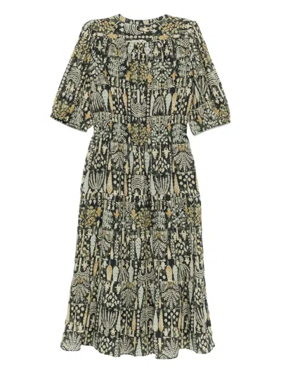 Ba&sh Panissa Floral-print Puff-sleeve Midi Dress In Green