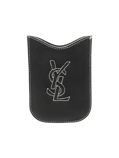 Pre-owned Saint Laurent Ysl-embroidered Phone Case In Black
