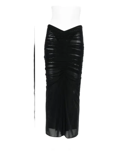 Mugler Black Ruched Mesh Midi Skirt In Black