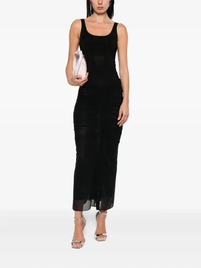 Mugler Black Ruched Mesh Midi Skirt In Black
