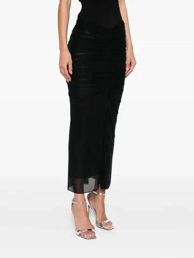 Mugler Black Ruched Mesh Midi Skirt In Black