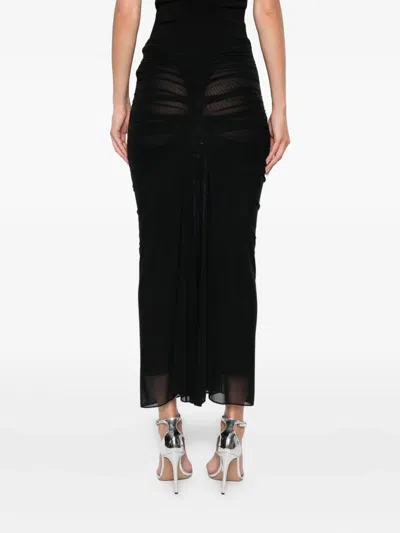 Mugler Black Ruched Mesh Midi Skirt In Black