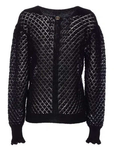 Twinset Open-knit Ruffled-cuff Sweater In Black
