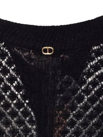 Twinset Open-knit Ruffled-cuff Sweater In Black