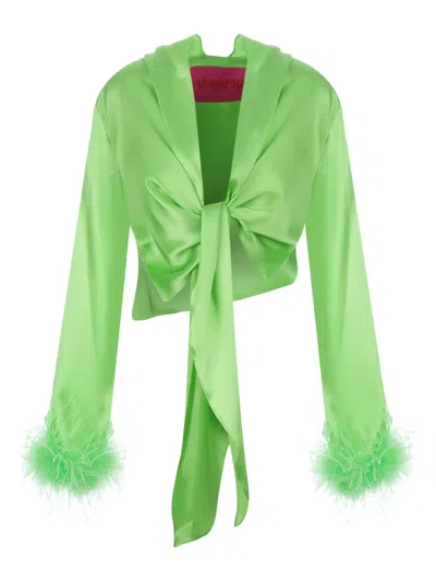 Verguenza Feather-trimmed Knotted Blouse In Green