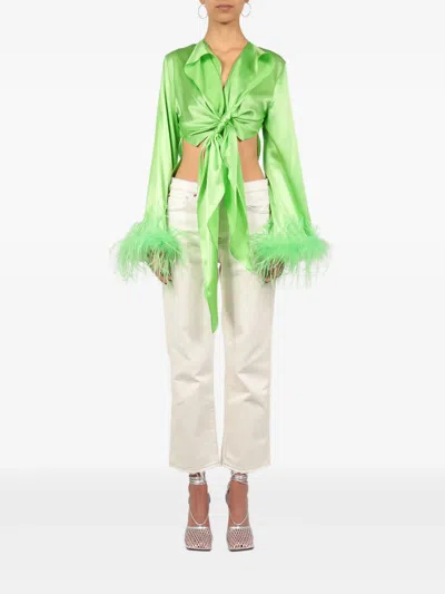 Verguenza Feather-trimmed Knotted Blouse In Green