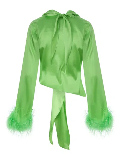 Verguenza Feather-trimmed Knotted Blouse In Green