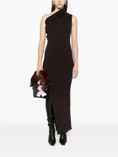 Rick Owens Thena One-shoulder Ribbed Maxi Dress In Brown