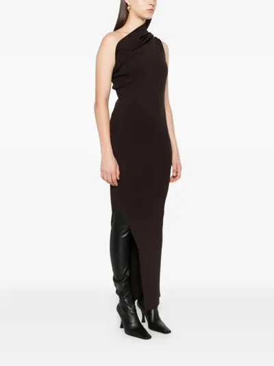 Rick Owens Thena One-shoulder Ribbed Maxi Dress In Brown