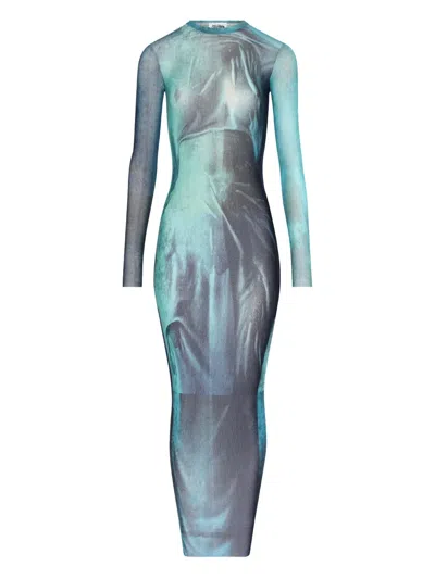 Jean Paul Gaultier Abstract Print Sheer Overlay Long Dress In Blue