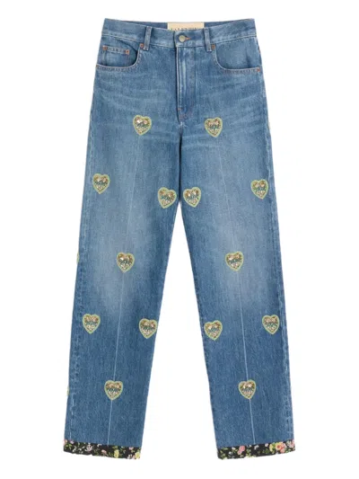 Valentino Straight Embroidered-detail Jeans In Blue