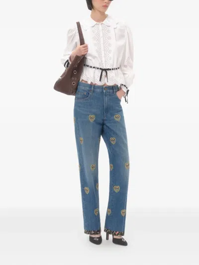 Valentino Straight Embroidered-detail Jeans In Blue