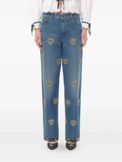 Valentino Straight Embroidered-detail Jeans In Blue