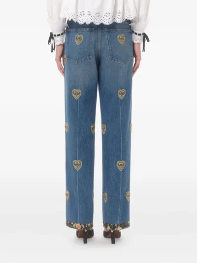 Valentino Straight Embroidered-detail Jeans In Blue