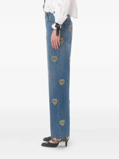 Valentino Straight Embroidered-detail Jeans In Blue