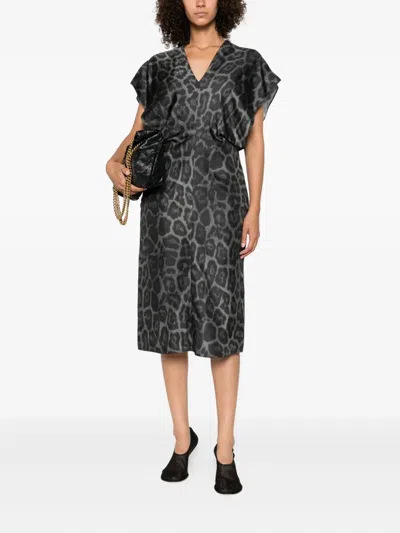 Stella Mccartney Leopard-print V-neck Midi Dress In Gray