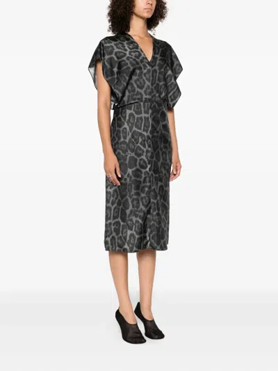 Stella Mccartney Leopard-print V-neck Midi Dress In Gray