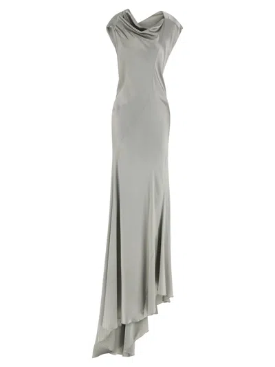Alberta Ferretti Draped Satin Dress Asymmetric Neckline In Gray