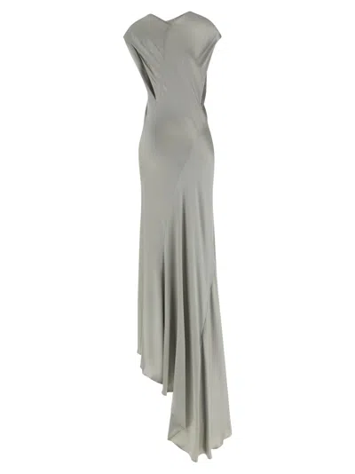 Alberta Ferretti Draped Satin Dress Asymmetric Neckline In Gray
