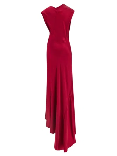 Alberta Ferretti Satin Draped Floor-length Dress With Asymmetric Neckline In Red