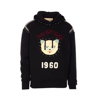 Valentino Crystal-embellished Hooded Sweater With Embroidered Logo In Black