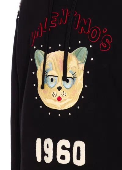 Valentino Crystal-embellished Hooded Sweater With Embroidered Logo In Black