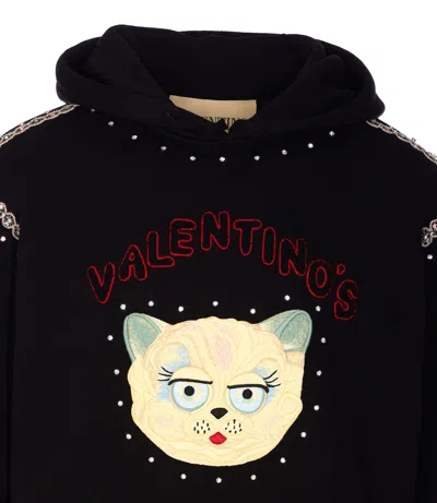 Valentino Crystal-embellished Hooded Sweater With Embroidered Logo In Black