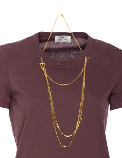 Elisabetta Franchi Crewneck Top Featuring Chain Detail And Charms In Burgundy